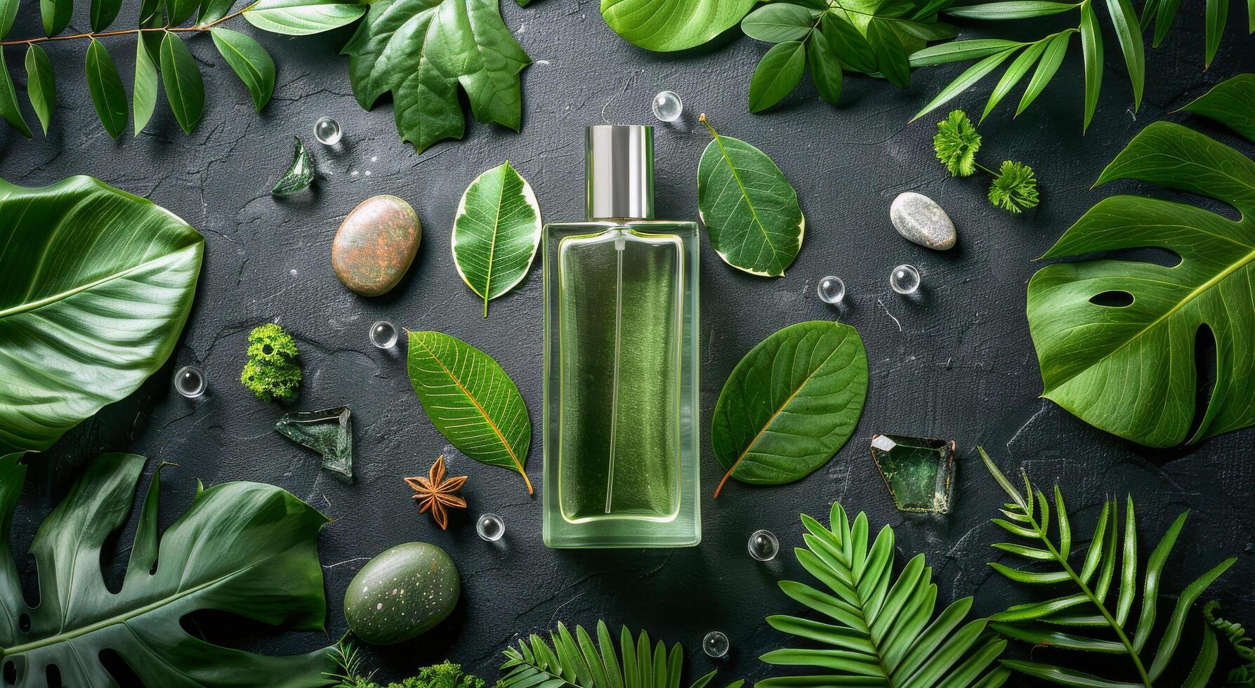 AI generated Bottle of Green Perfume Surrounded by Green Leaves photo