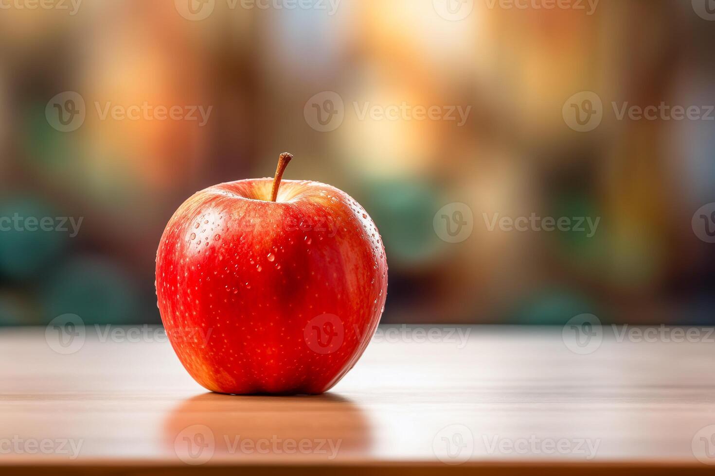 AI generated Red apple on wooden table, closeup photo
