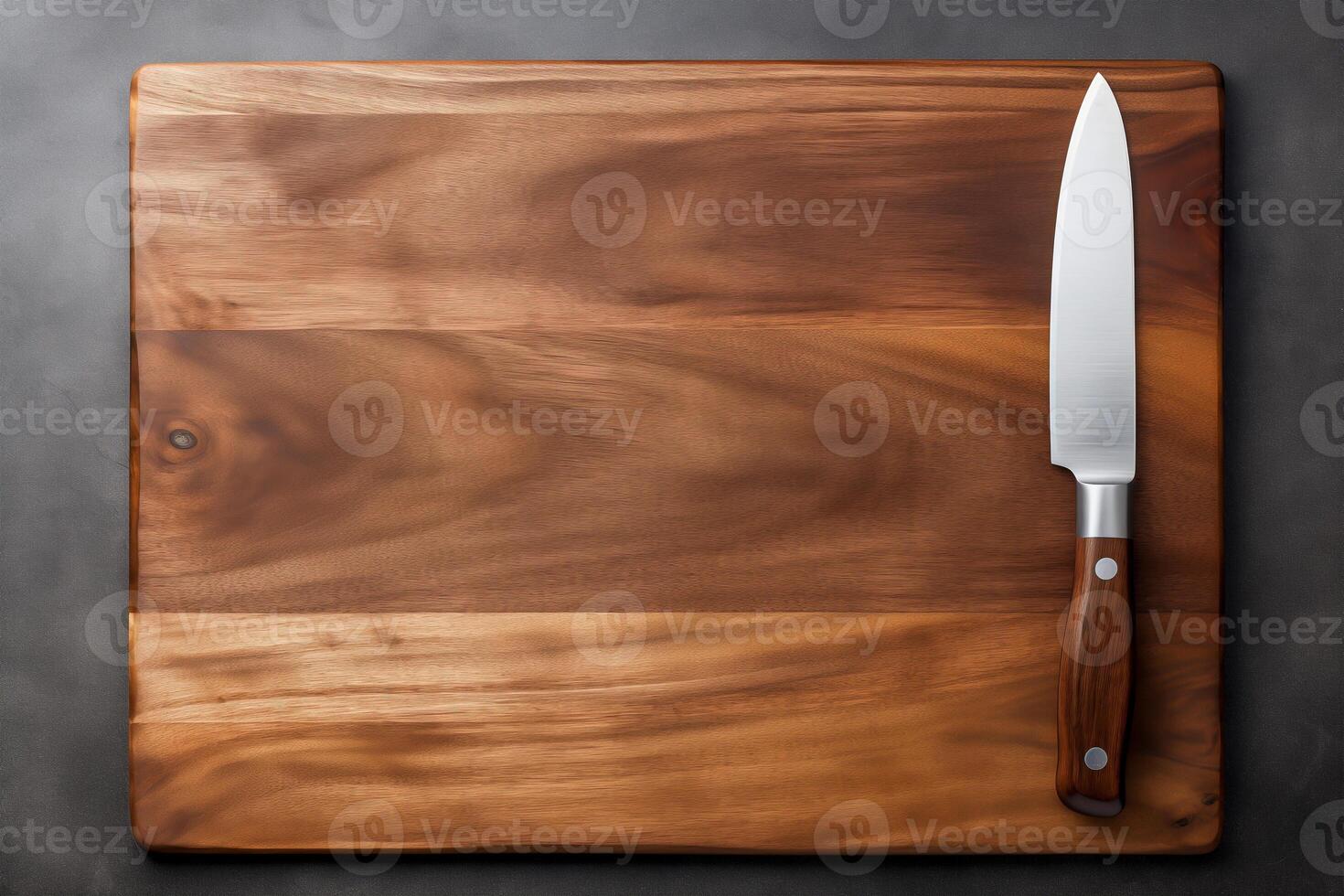AI generated Blank cutting board and knife, top view photo
