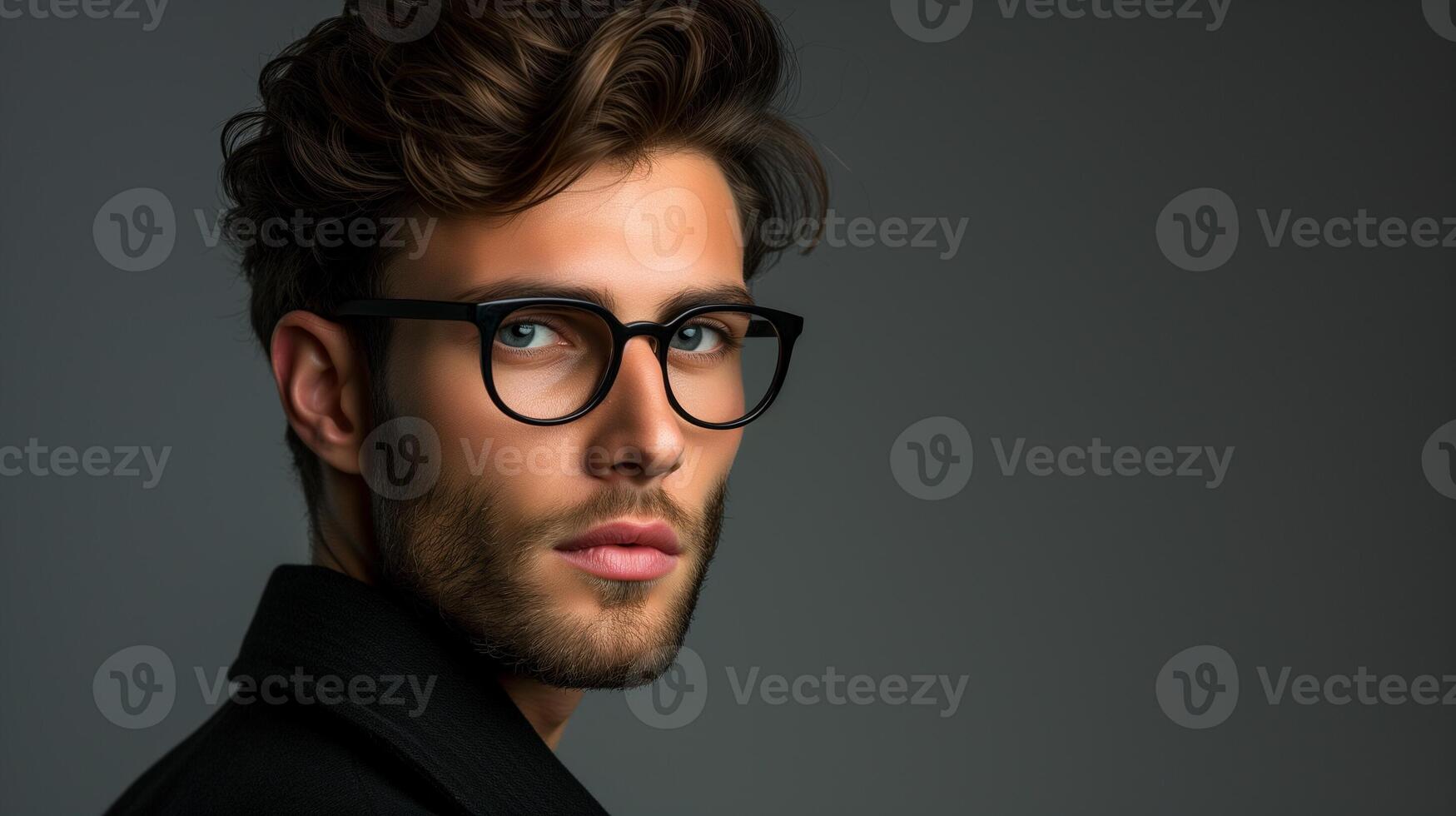 AI generated A man with glasses and a beard is standing in front of a gray background with copy space. photo