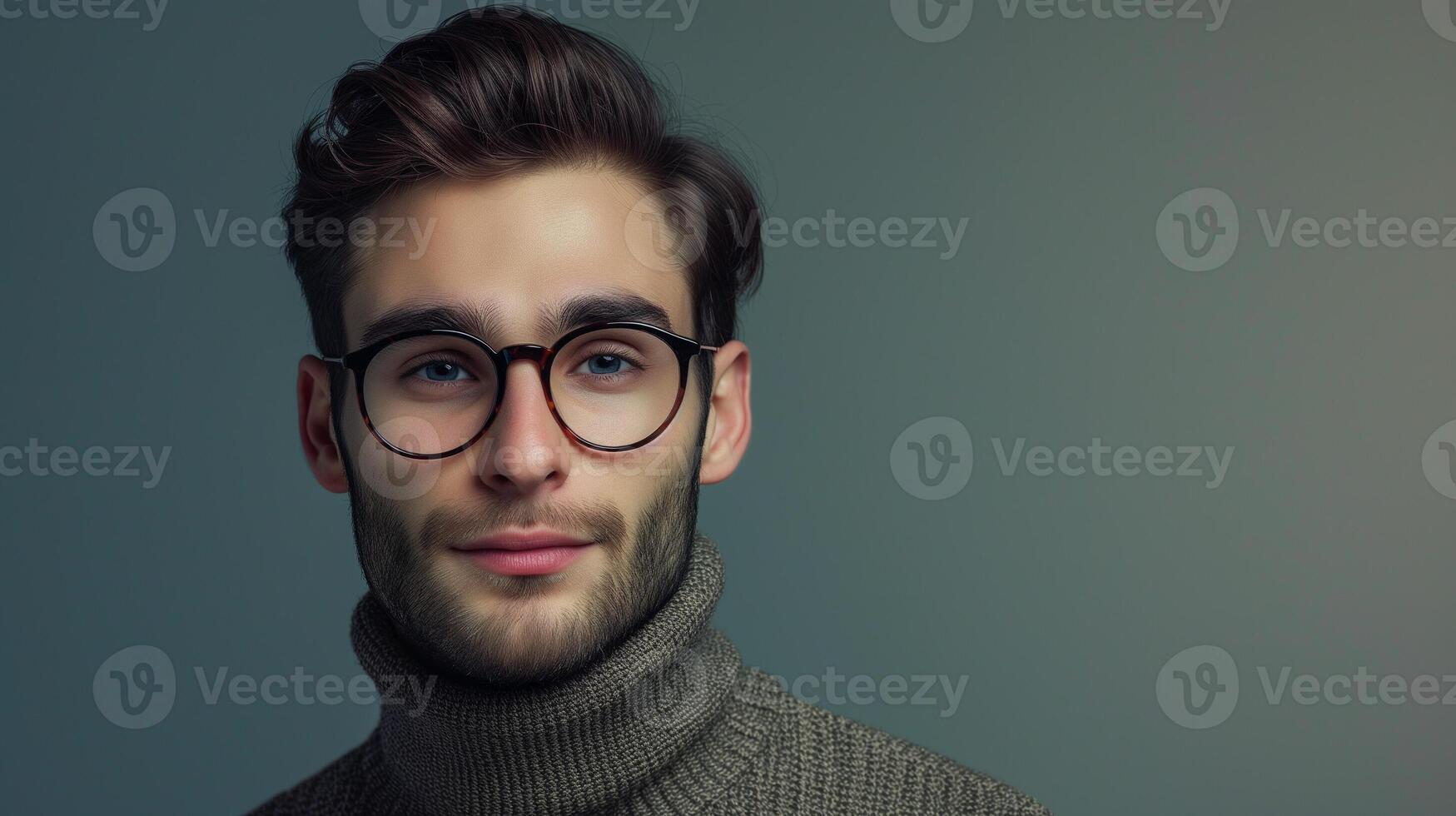 AI generated A man with glasses is smiling and wearing a sweater. Background with copy space. photo