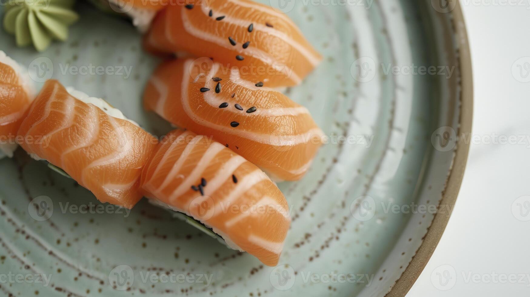 AI generated Neatly Arranged Salmon Sushi Resting on a Light Green Plate, an Exquisite Presentation for a Culinary Symphony. photo