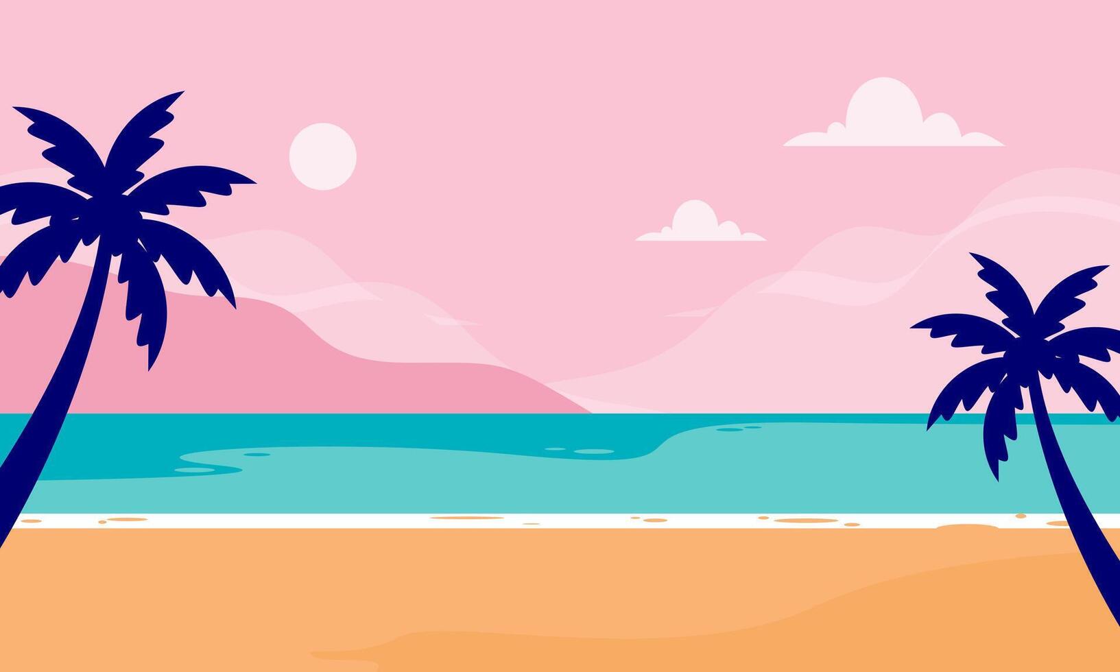 Summer Beach with Palm Tree and the Sun in the Background Vector Illustration