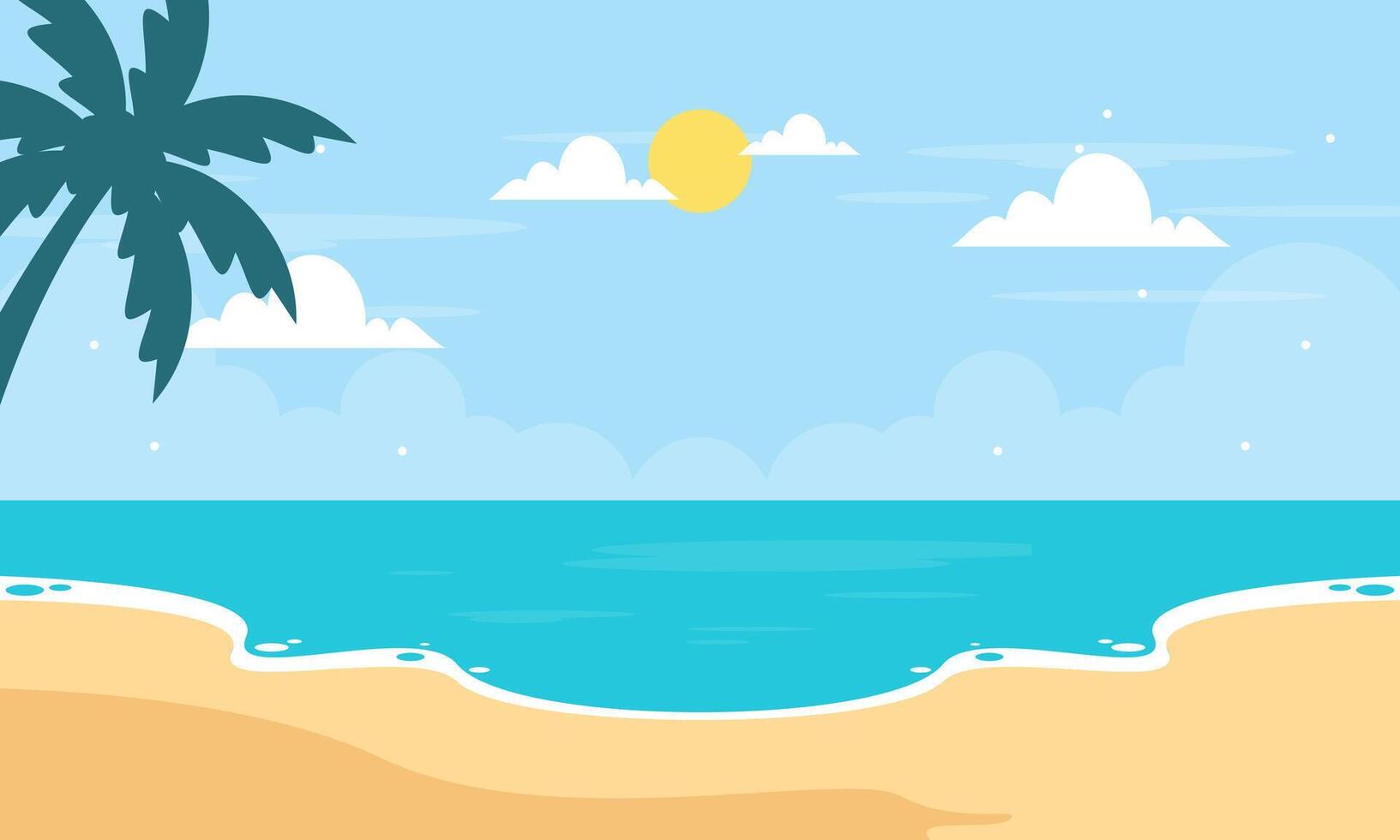 Summer Beach with Palm Tree and the Sun in the Background Vector Illustration