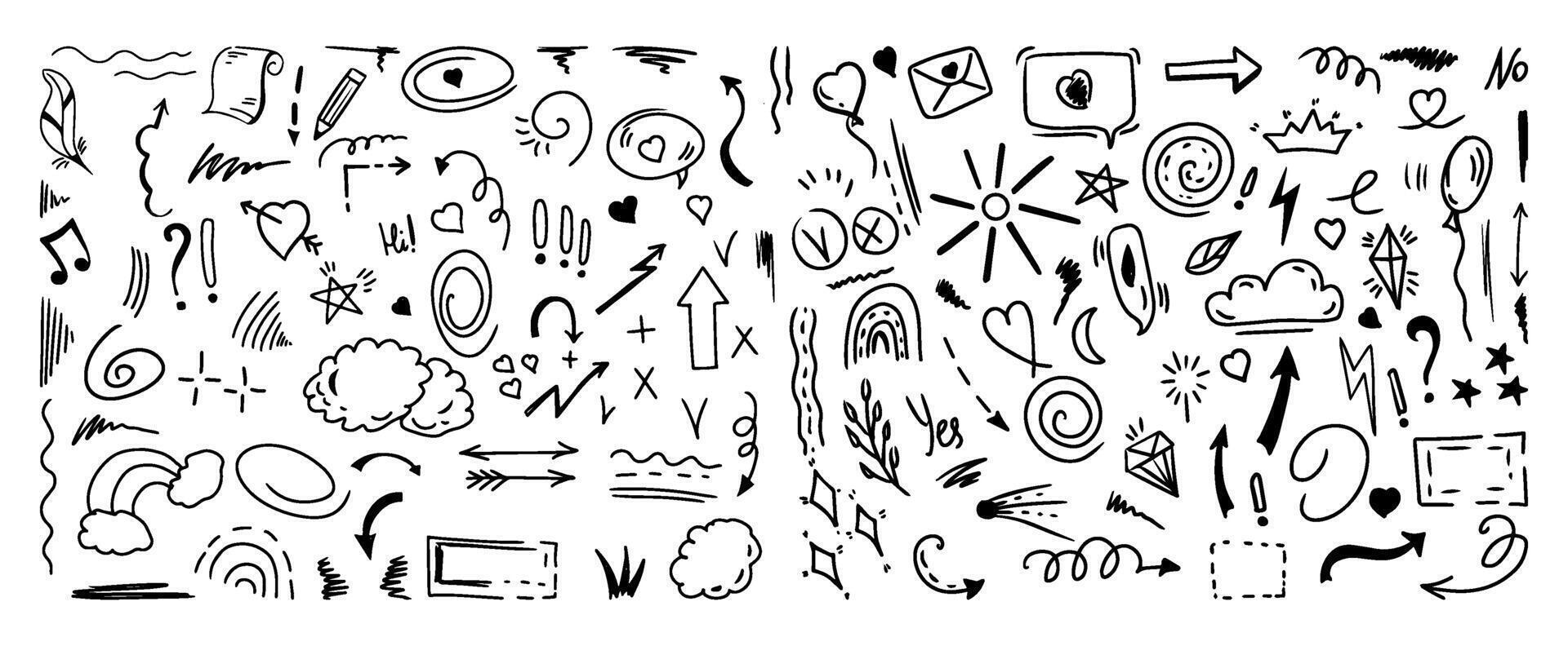 Simple sketch line style elements. Doodle cute ink pen line elements isolated on white background. Doodle arrow, heart, star, decoration symbol, icon set. Vector illustration.