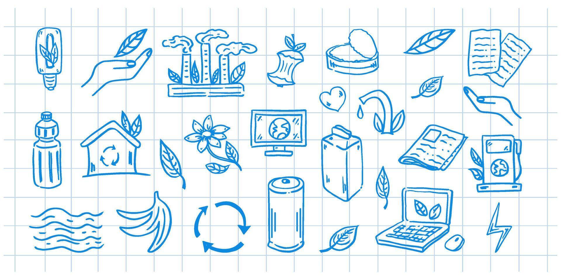 Set of ecology. Hand-drawn doodle vector illustration on background of checkered notebook sheet. Ecology problem, recycling and energy blue icons. Environmental symbols.