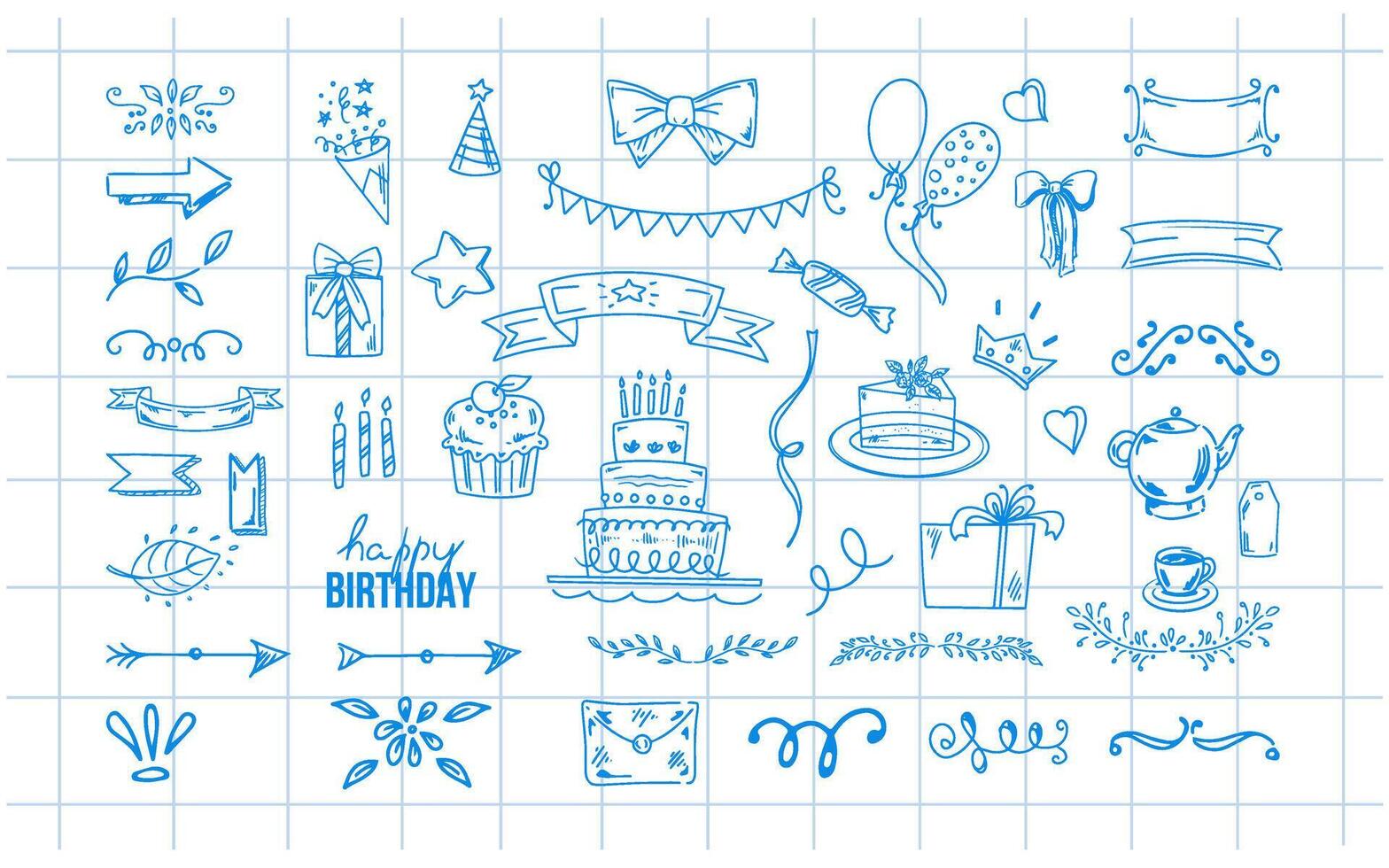 Birthday doodle set. Hand-drawn vector Happy Birthday sketches on the background of a checkered notebook sheet. Envelope, cake, balloon, ice cream, flags, hearts, labels, ribbons,  blue contour icons.