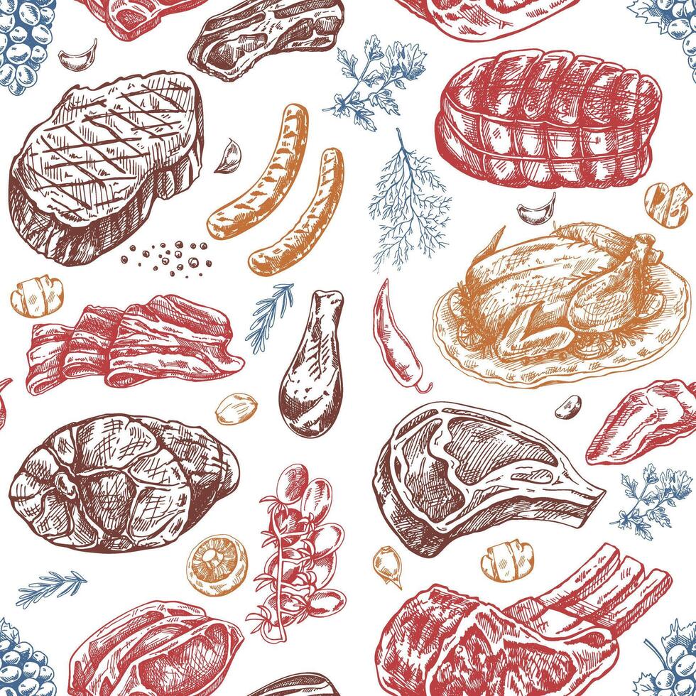 Meat and vegetables seamless pattern in engraved vintage style. Hand-drawn colored pattern of barbecue meat pieces with herbs and seasonings. Sketches for meat restaurant. vector