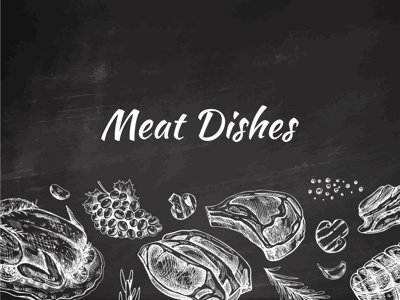 Meat and vegetables menu template in engraved vintage style. Hand-drawn sketches of barbecue meat pieces with herbs and seasonings on chalkboard background. vector