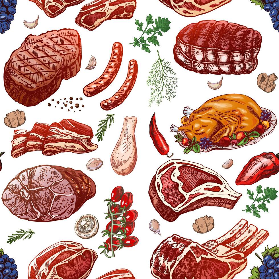 Meat and vegetables seamless pattern in engraved vintage style. Hand-drawn colored pattern of barbecue meat pieces with herbs and seasonings. Sketches for meat restaurant. vector