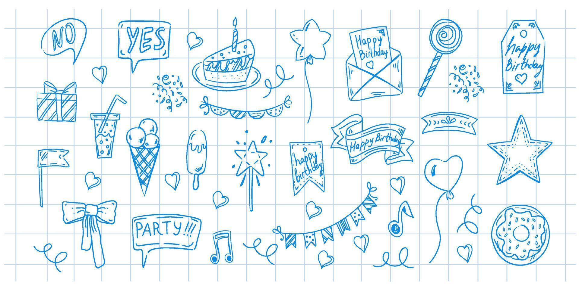 Birthday doodle set. Hand drawn vector Happy Birthday sketches on background of checkered notebook sheet. Envelope, cake, balloon, ice cream, flags, hearts, labels, ribbons,  blue contour icons.