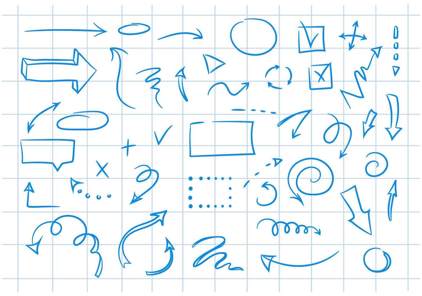 Doodle design elements and arrows on the background of a checkered notebook sheet. Elements for infographics. Hand-drawn vector set of blue contour