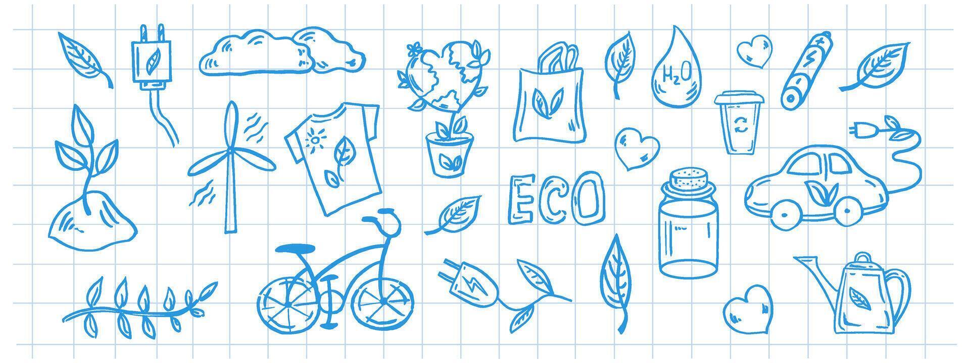 conjunto de ecología en antecedentes de a cuadros cuaderno hoja. dibujado a mano garabatear vector ilustración. ecología problema, reciclaje azul iconos ambiental simbolos