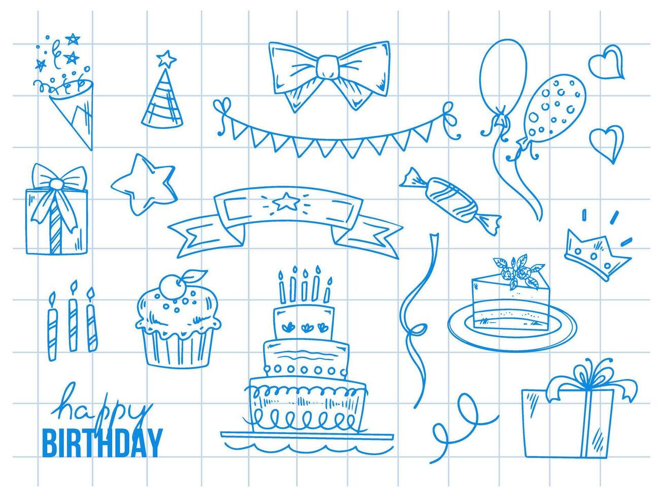 Birthday doodle set. Hand-drawn vector Happy Birthday sketches on background of checkered notebook sheet. Cake with candles, party cap, garland, balloon, star, cap, bow, heart, candy, cupcake