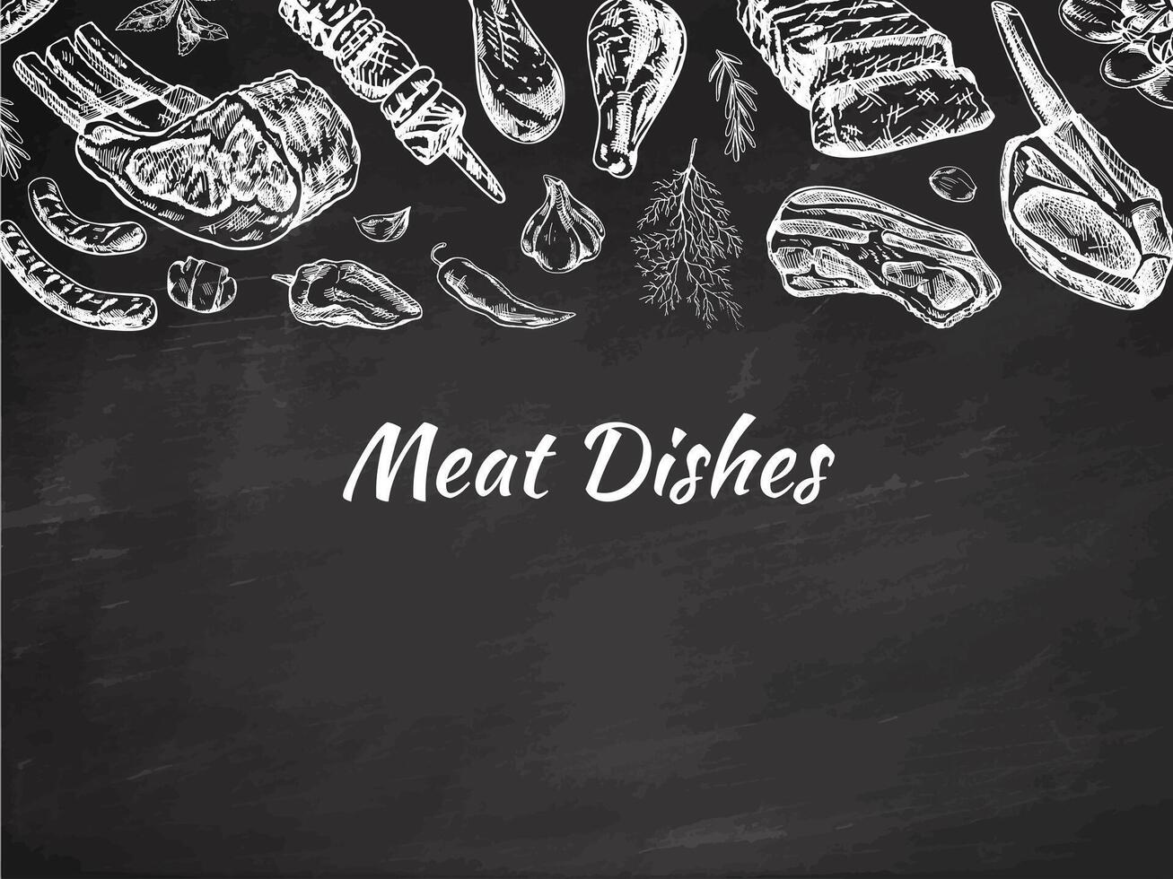 Meat and vegetables menu template in engraved vintage style. Hand-drawn sketches of barbecue meat pieces with herbs and seasonings on chalkboard background. vector