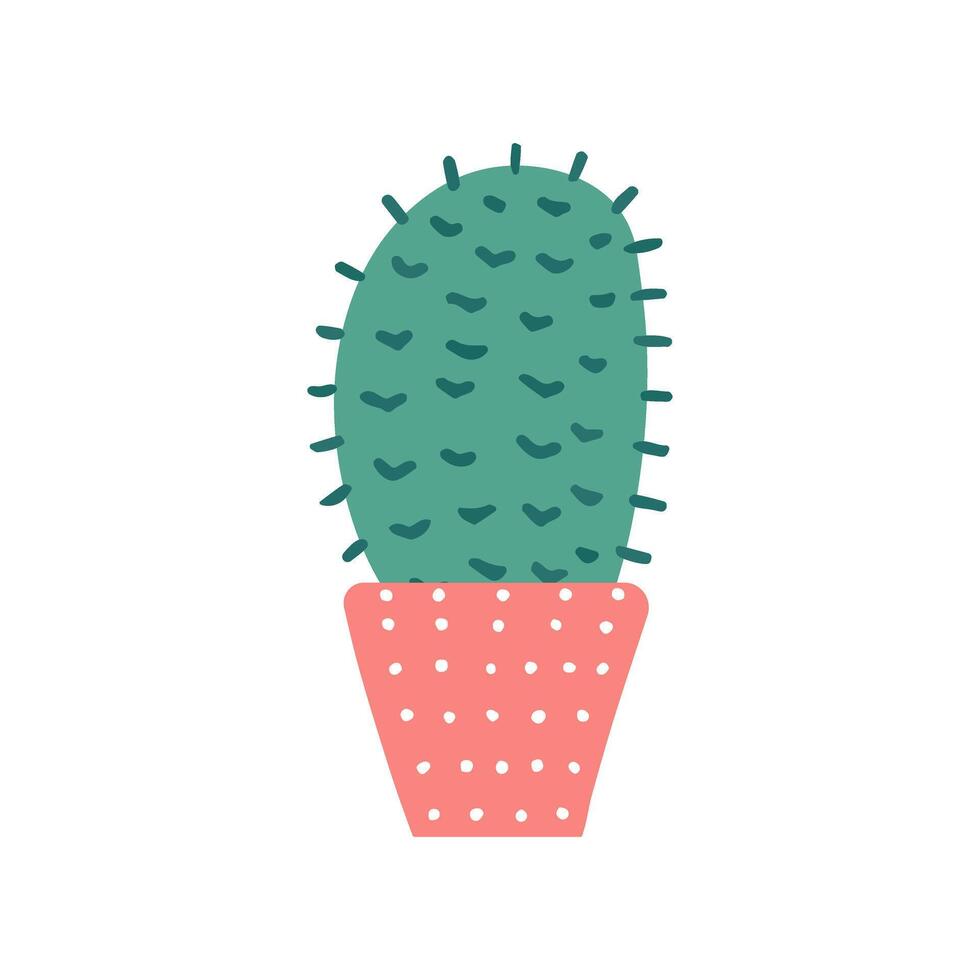 Hand-drawn vector cactus isolated on white background. Flat style illustration of spiny plant, blooming cactus, succulent plant in colorful ceramic pot. Home plant, mexico cactus flower.