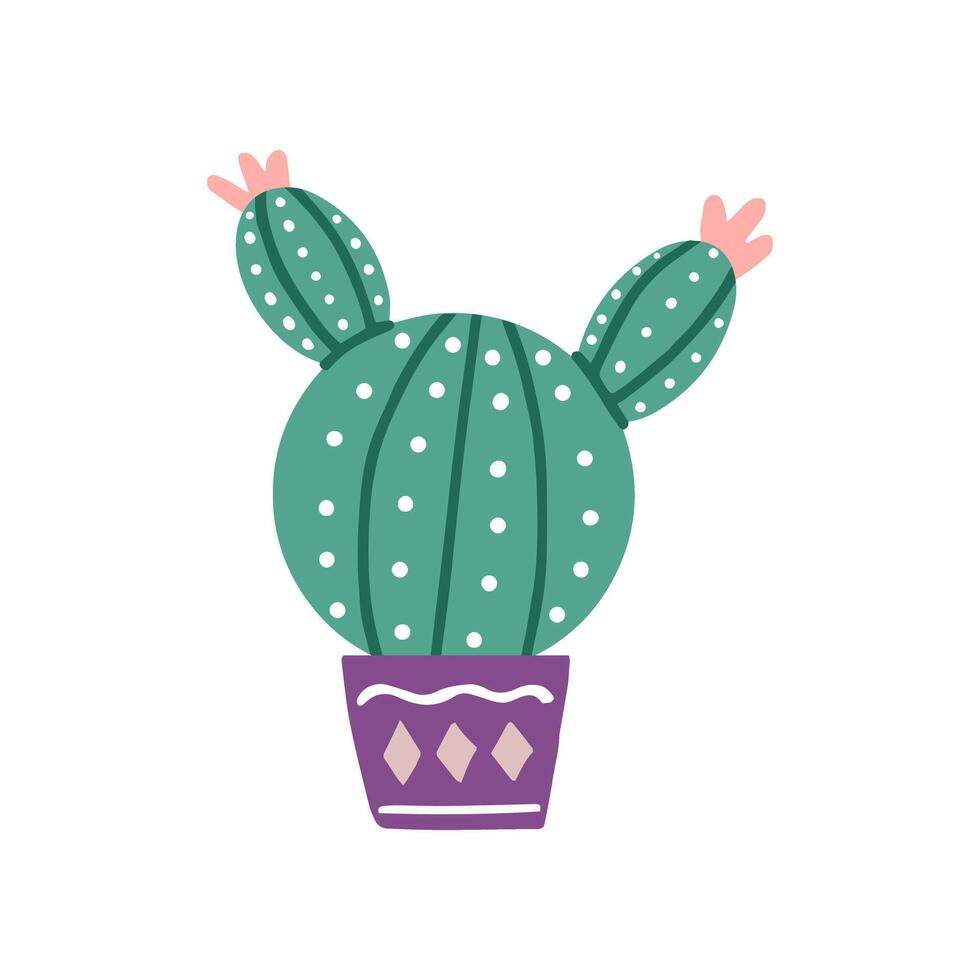 dibujado a mano vector cactus aislado en blanco antecedentes. plano estilo ilustración de espinoso planta, floreciente cactus, suculento planta en vistoso cerámico maceta. hogar planta, mexico cactus flor.