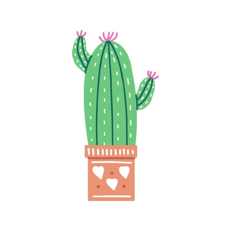 Hand-drawn vector cactus isolated on white background. Flat style illustration of spiny plant, blooming cactus, succulent plant in colorful ceramic pot. Home plant, mexico cactus flower.