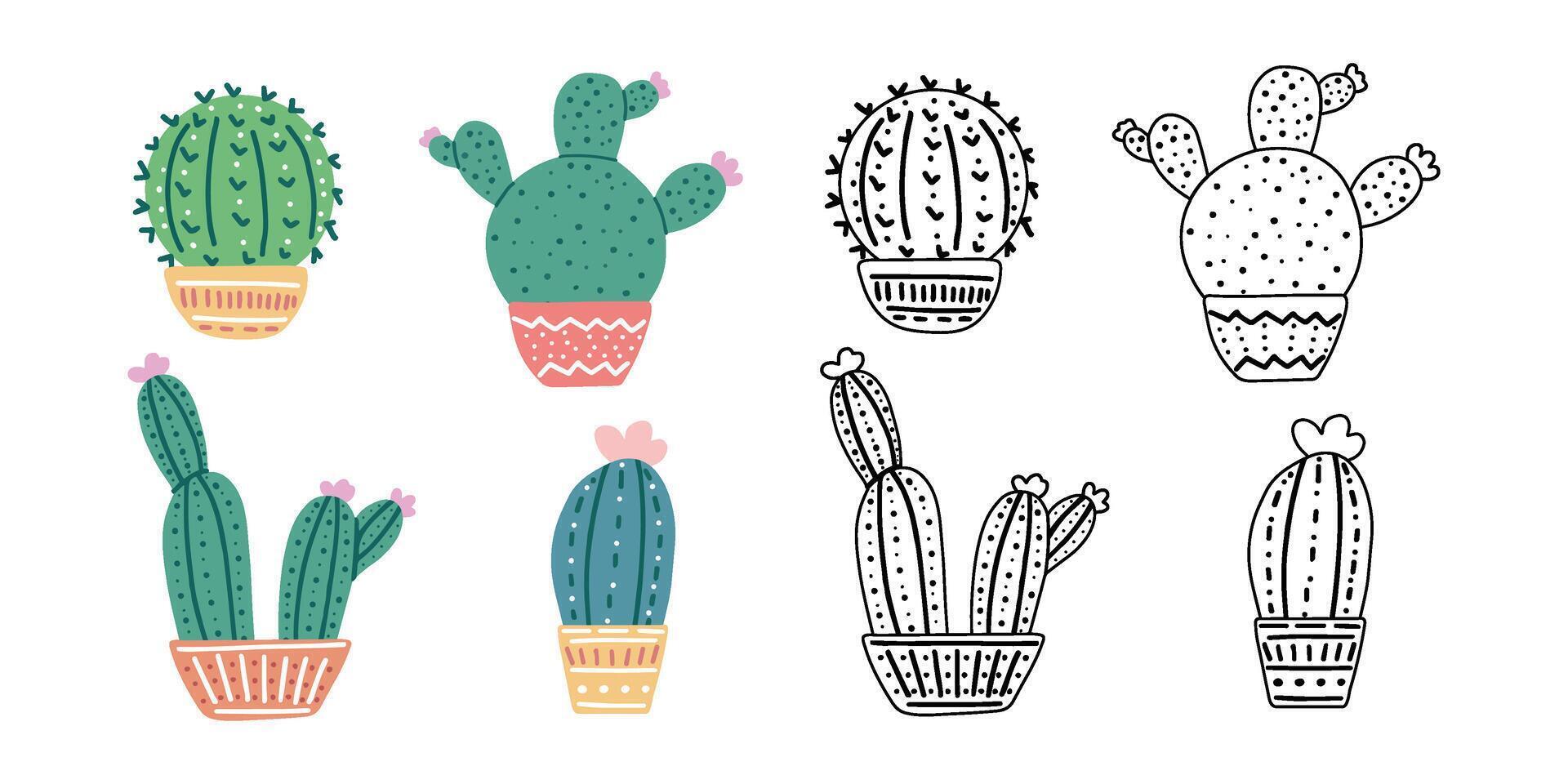 A set of hand-drawn outline and colored vector cacti isolated on white background. Doodle and flat style illustrations of spiny plants, blooming cactus, succulent plants in pots. Home plants.
