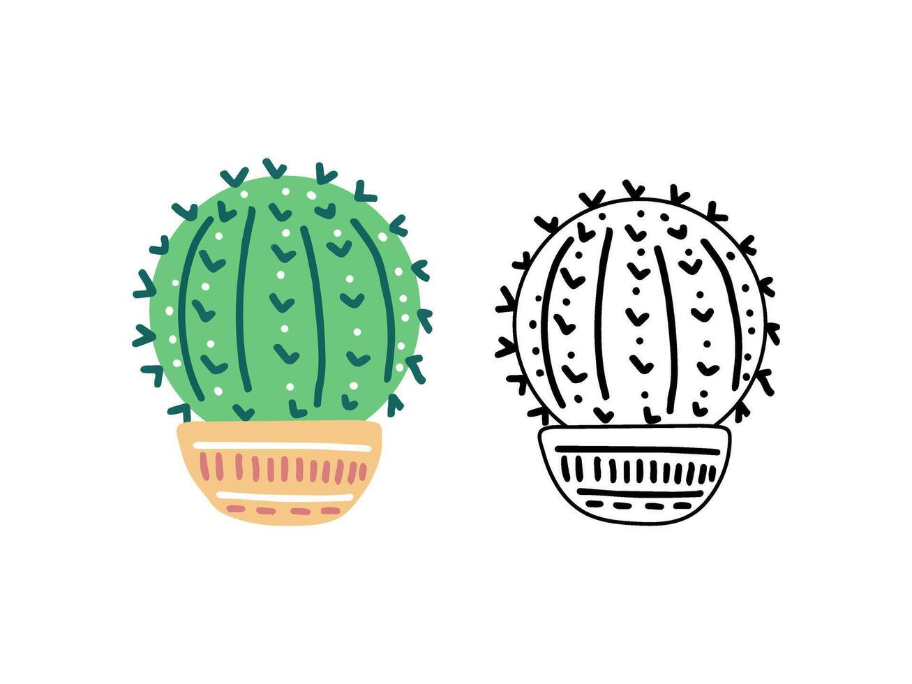 A set of hand-drawn outline and colored vector cacti isolated on white background. Doodle and flat style illustrations of spiny plants, blooming cactus, succulent plants in ceramic pots. Home plants