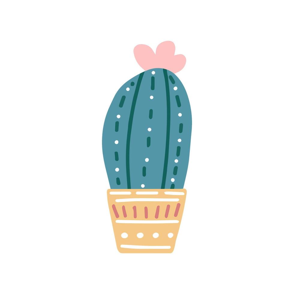 Hand-drawn vector cactus isolated on white background. Flat style illustration of spiny plant, blooming cactus, succulent plant in colorful ceramic pot. Home plant, mexico cactus flower.