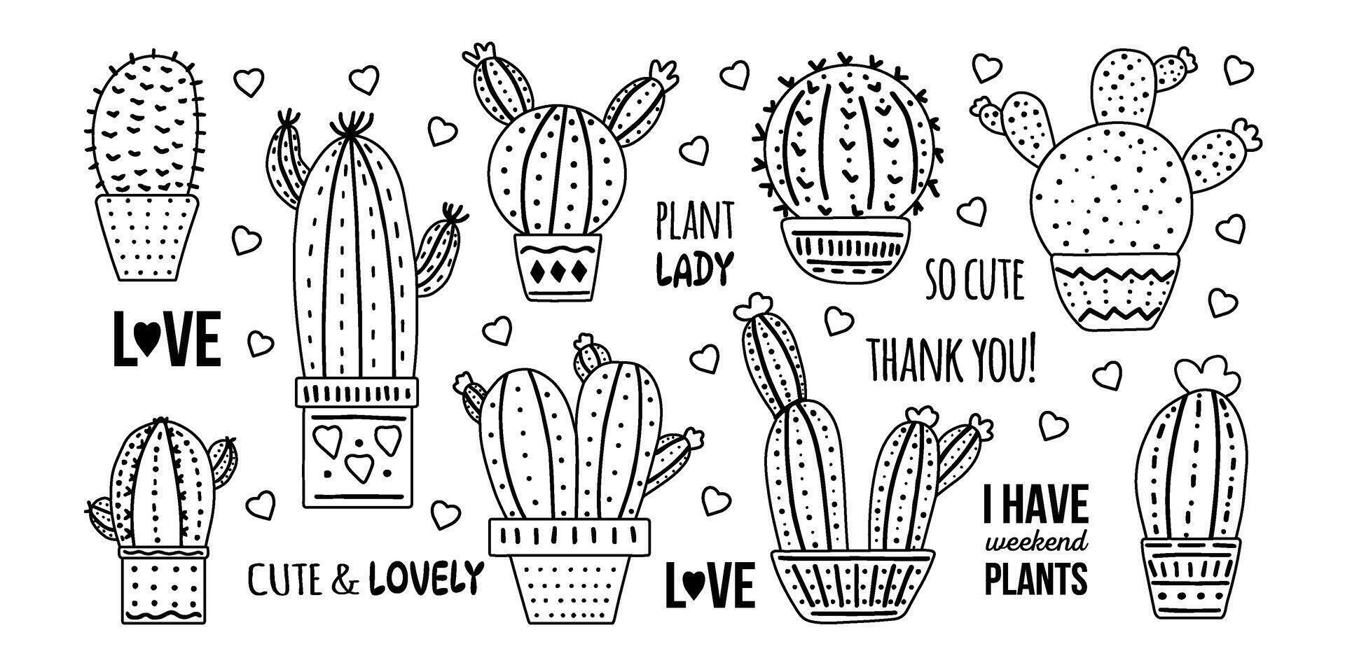 dibujado a mano vector cactus conjunto con caligrafía, letras. contorno garabatear estilo gráfico diseño de espinoso plantas, floreciente cactus, suculento plantas en vistoso cerámico ollas. hogar plantas, mexico cactus.
