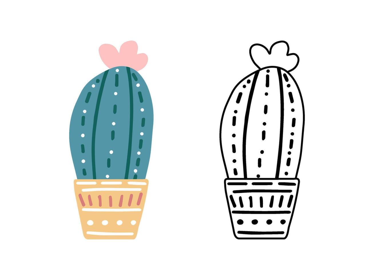 A set of hand-drawn outline and colored vector cacti isolated on white background. Doodle and flat style illustrations of spiny plants, blooming cactus, succulent plants in ceramic pots. Home plants