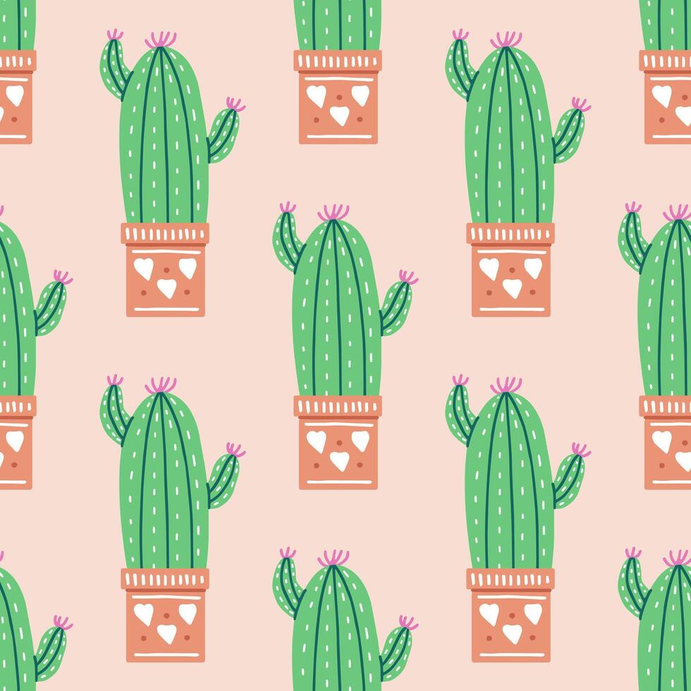 Hand-drawn vector seamless pattern of cactus. Flat style illustration of spiny plant, blooming cactus, succulent plant in colorful ceramic pot. Home plant, mexico cactus flower.