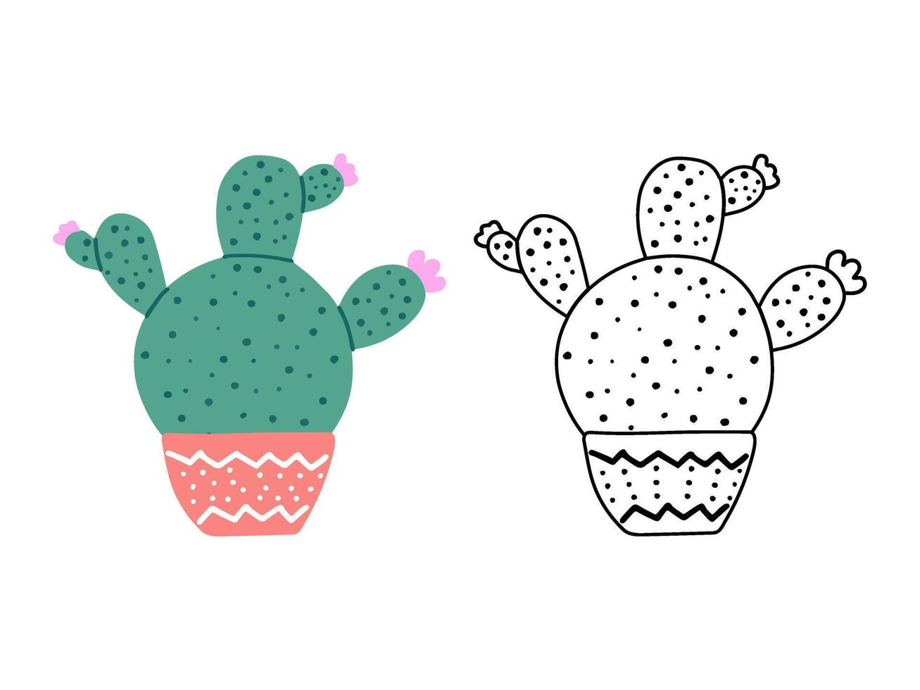 un conjunto de dibujado a mano contorno y de colores vector cactus aislado en blanco antecedentes. garabatear y plano estilo ilustraciones de espinoso plantas, floreciente cactus, suculento plantas en cerámico ollas. hogar plantas