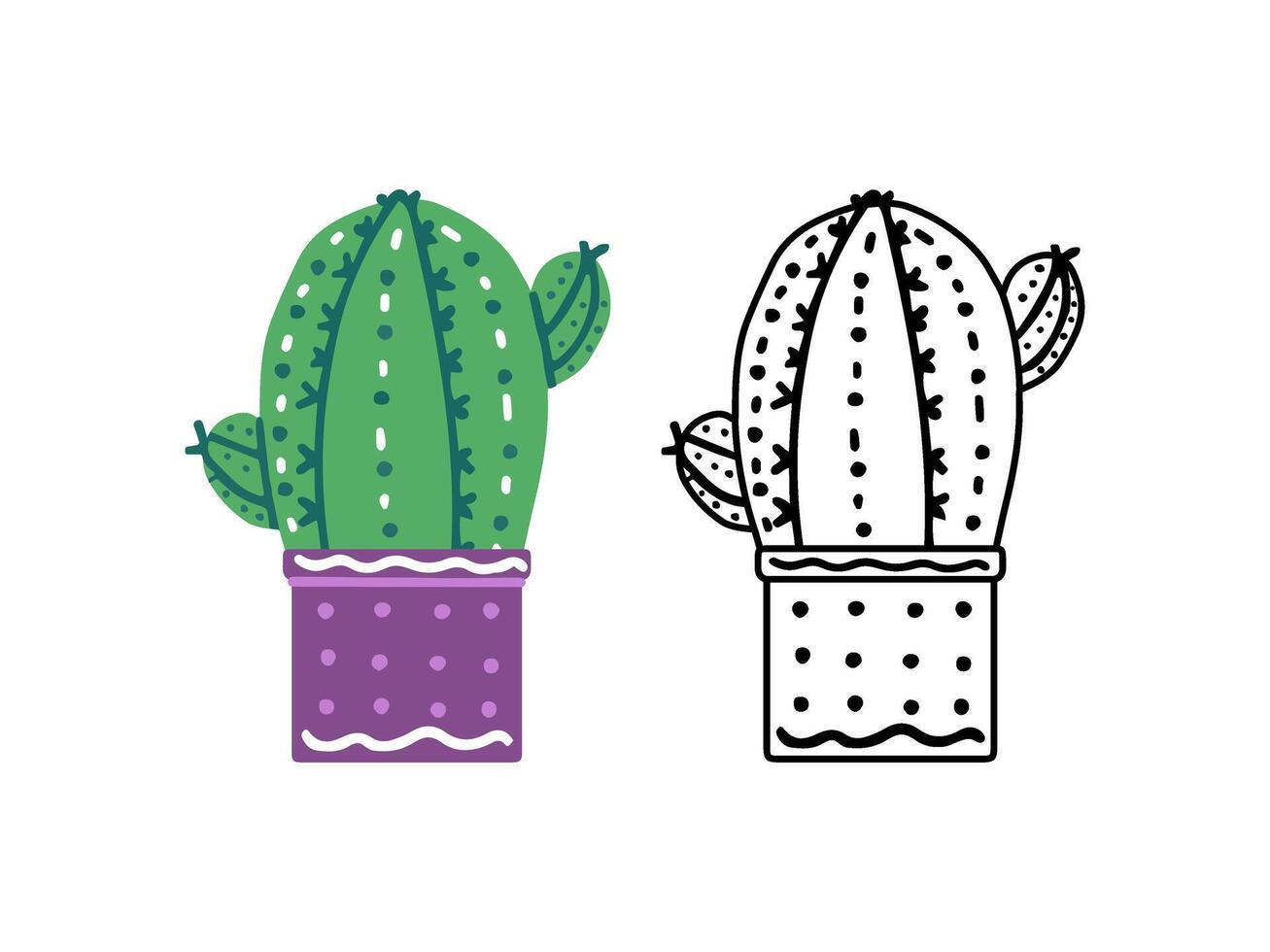 A set of hand-drawn outline and colored vector cacti isolated on white background. Doodle and flat style illustrations of spiny plants, blooming cactus, succulent plants in ceramic pots. Home plants