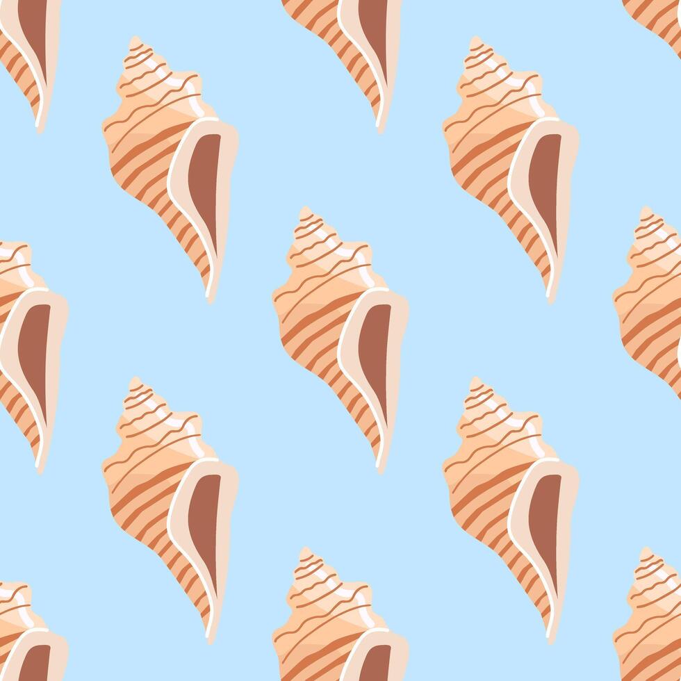 Sea shells vector seamless pattern, mollusks. Flat illustration of seashell.