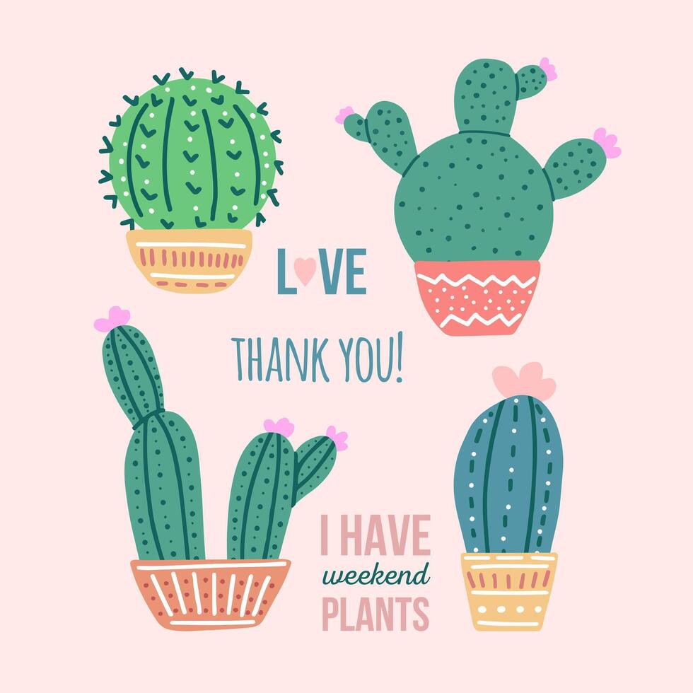 dibujado a mano vector cactus conjunto con caligrafía, letras. plano estilo gráfico diseño de espinoso plantas, floreciente cactus, suculento plantas en vistoso cerámico ollas. hogar plantas, mexico cactus, bandera