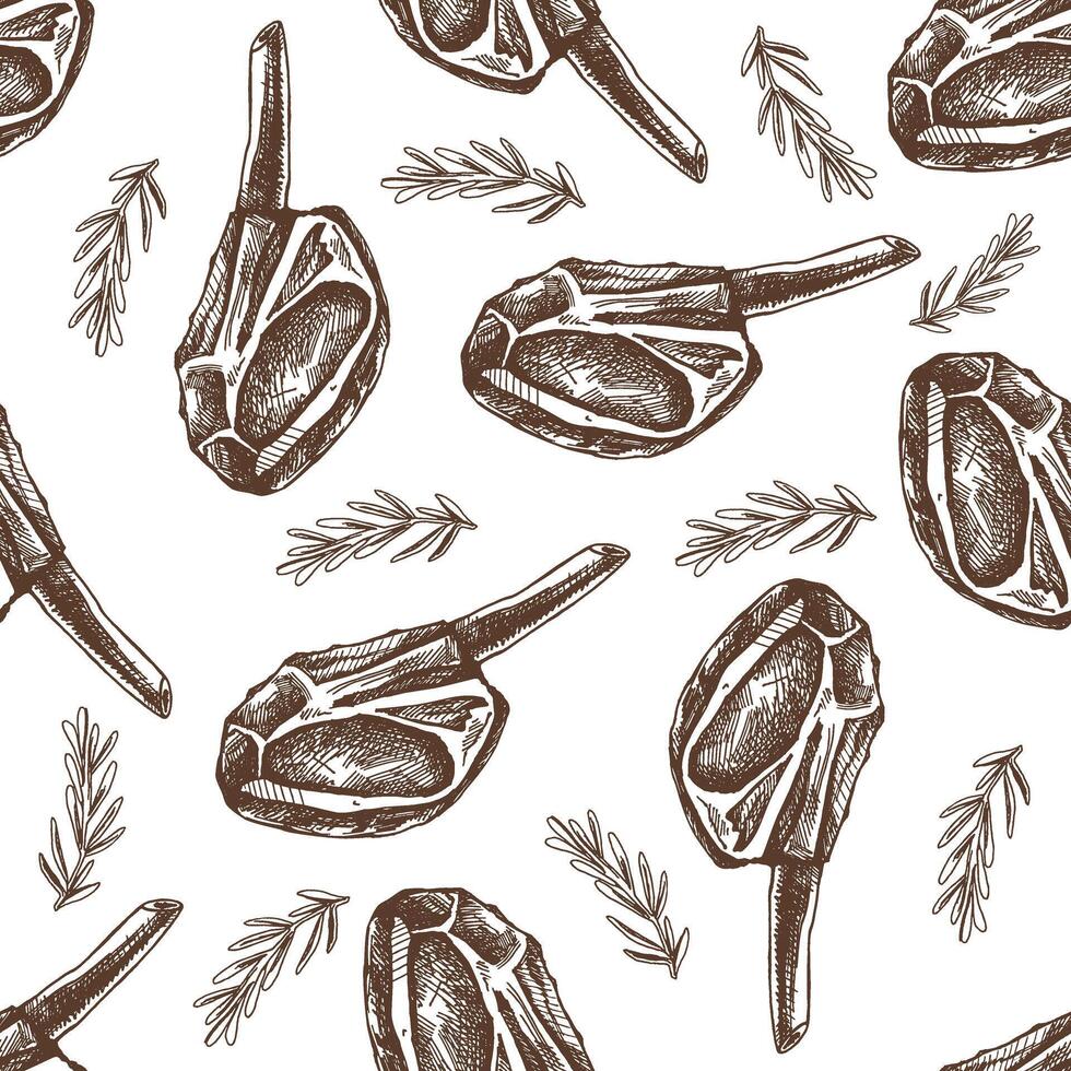 Hand-drawn vector seamless pattern of beef steak with rosemary, piece of meat on the bone. Doodle vintage sketch illustration. Decorations for the menu of cafes and labels. Engraved image.