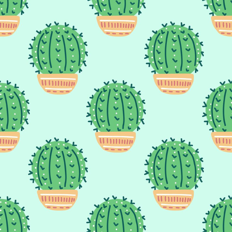 Hand-drawn vector seamless pattern of cactus. Flat style illustration of spiny plant, blooming cactus, succulent plant in colorful ceramic pot. Home plant, mexico cactus flower.