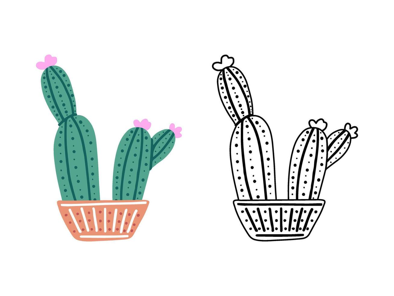 A set of hand-drawn outline and colored vector cacti isolated on white background. Doodle and flat style illustrations of spiny plants, blooming cactus, succulent plants in ceramic pots. Home plants