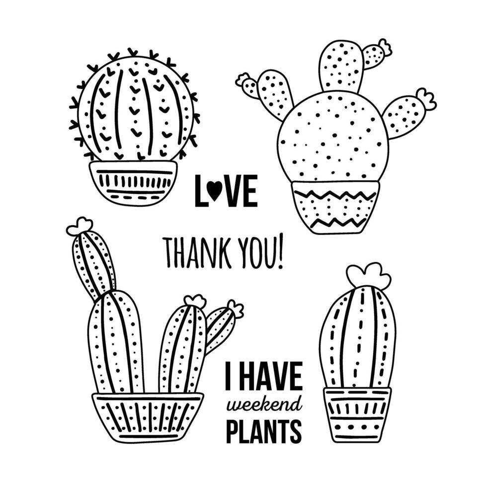 Hand-drawn vector cacti set with calligraphy, lettering. Outline doodle style graphic design of spiny plants, blooming cacti, succulent plants in colorful ceramic pots. Home plants, mexico cactus.