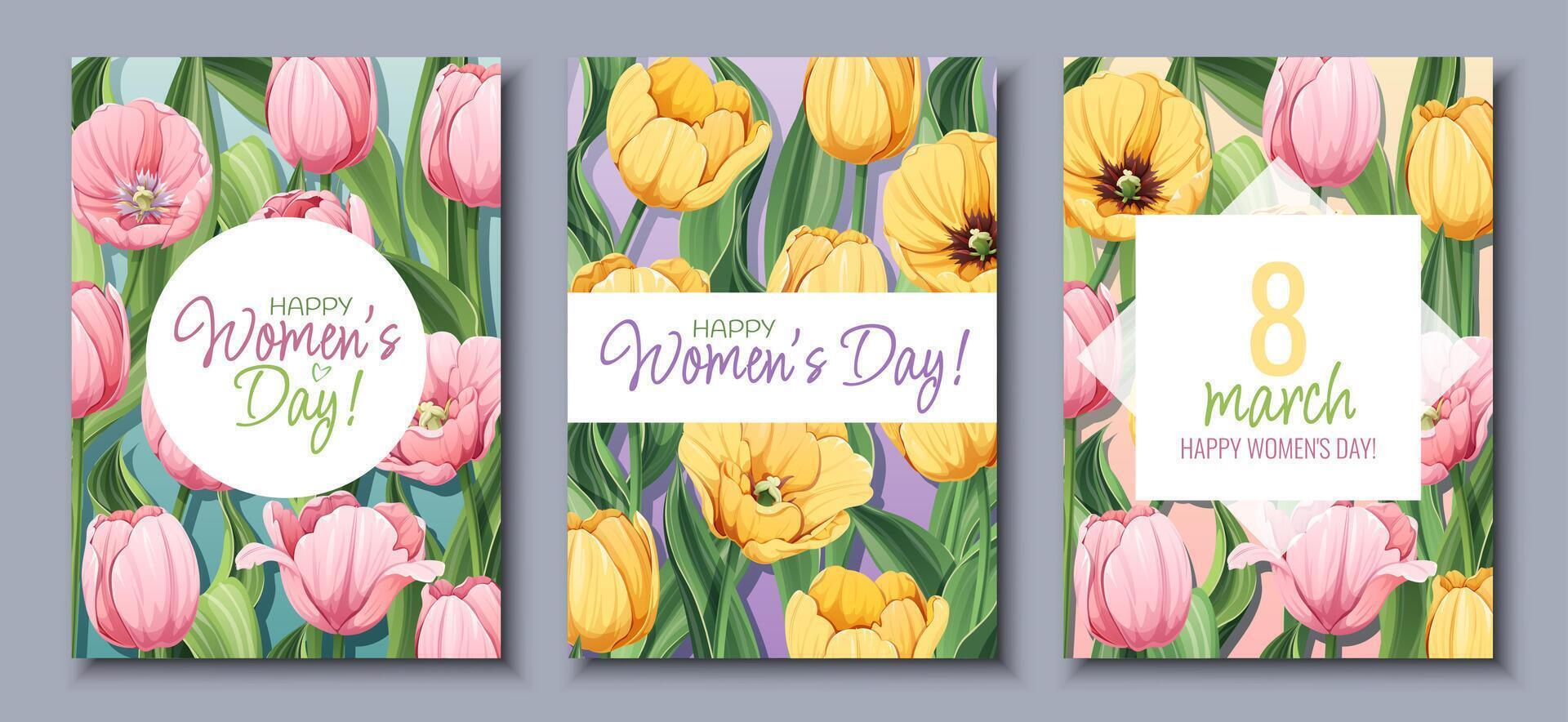 Set of Greeting Cards for International Women s Day. Poster with yellow and pink tulips for March 8th. Vector template with spring bouquet