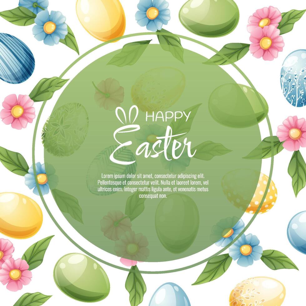 Background with Easter eggs and flowers. Postcard, banner for Easter. Spring time. Frame with colorful eggs. vector