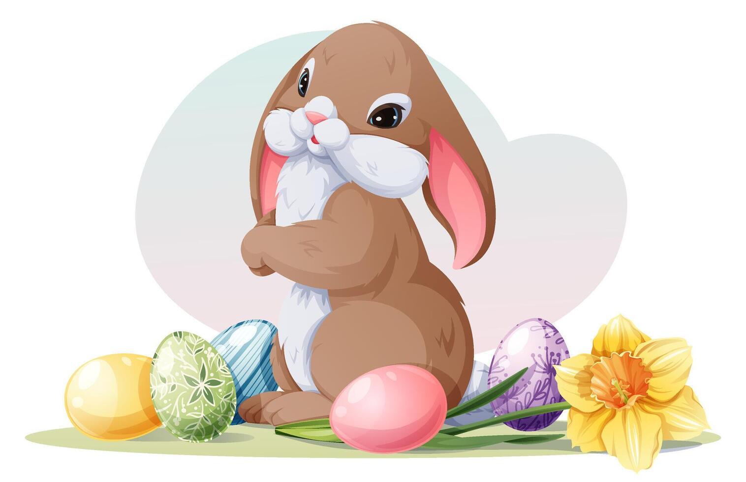 Easter bunny with eggs and narcissus flower. Vector spring illustration for Easter.