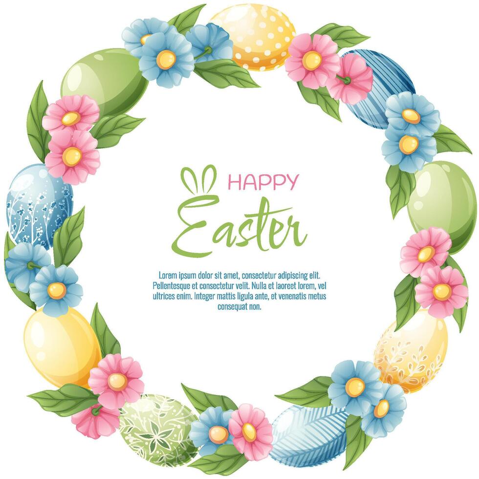 Background with Easter eggs and flowers. Postcard, banner for Easter. Spring time. Frame with colorful eggs. vector