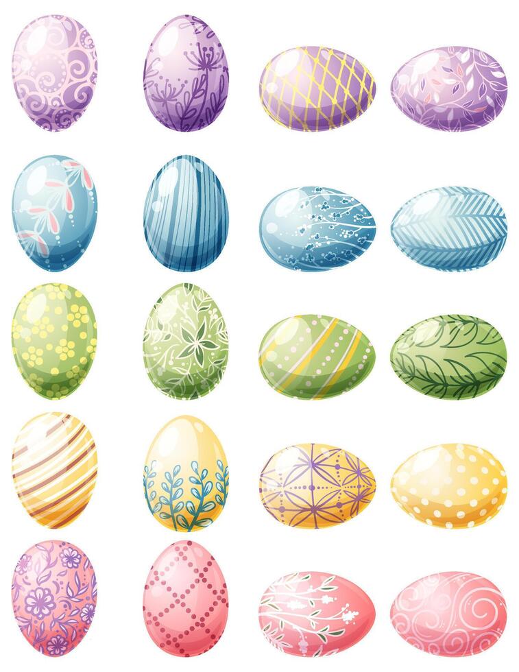 Easter eggs on isolated background. A set of colorful chicken eggs. Great for decor, design, stickers for Happy Easter. vector