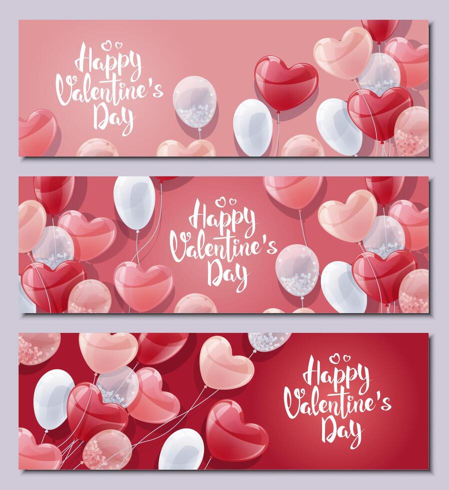 Set of Horizontal Banners with Balloons. Design for Valentine s Day and Mother s Day. Background, poster with flying helium balloons in the shape of hearts. vector