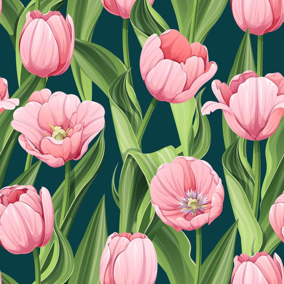 Seamless pattern with pink tulips. Background for March 8, Mother's Day. Texture with spring flowers. Great for wrapping paper, textiles, fabric, wallpaper, etc vector