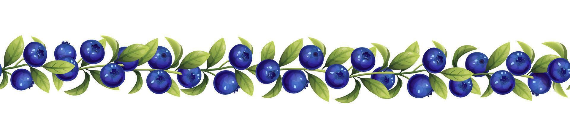 Seamless border of blueberry twigs and green leaves. Botanical illustration for decoration, design, tape. vector