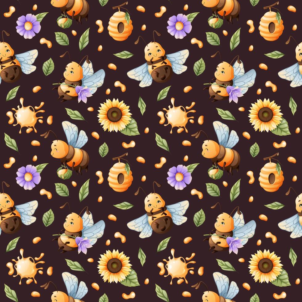 Seamless pattern with honey bees with flowers and honey. Children's fabric design. Summer illustration. Sweet bee floral print. vector