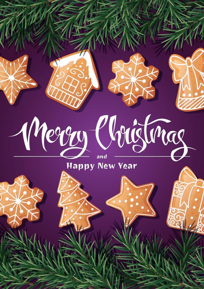 Merry Christmas Holiday card, flyer and invitation. Festive background with fir branches, decorated with gingerbread. Merry Christmas and New Year vector