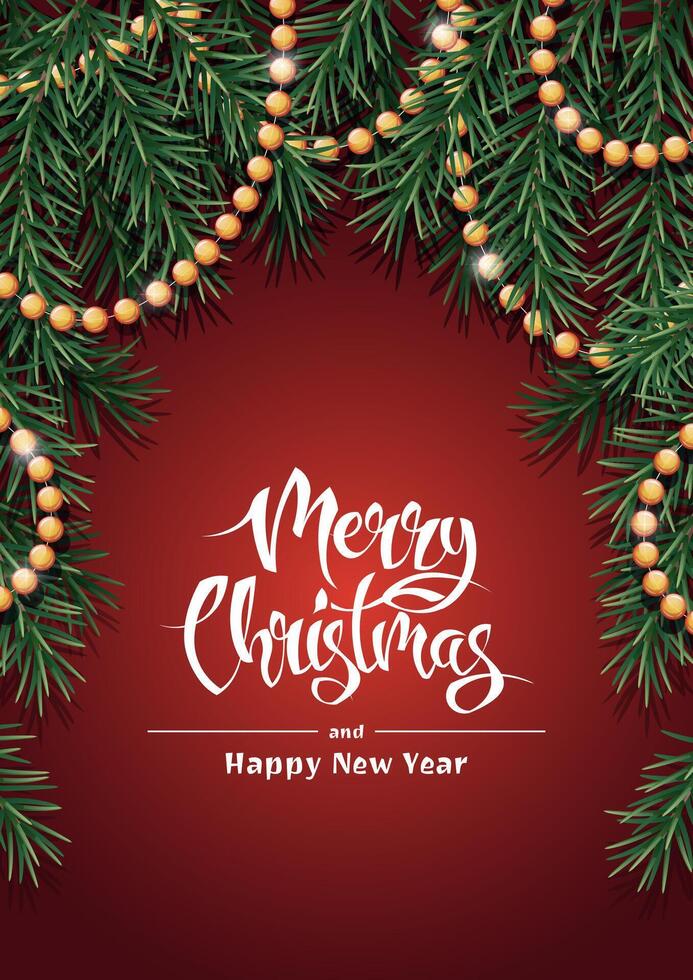 Merry Christmas Holiday card, flyer and invitation. Festive background with fir branches decorated with garland. Merry Christmas and New Year. vector