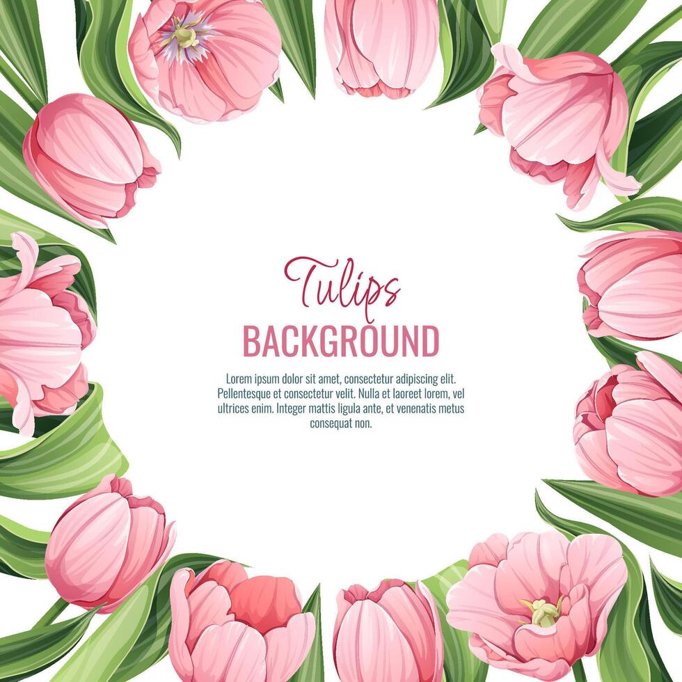 Template for greeting card, banner with pink tulips. Spring background for International Women's Day, March 8. Frame with delicate spring flowers. vector