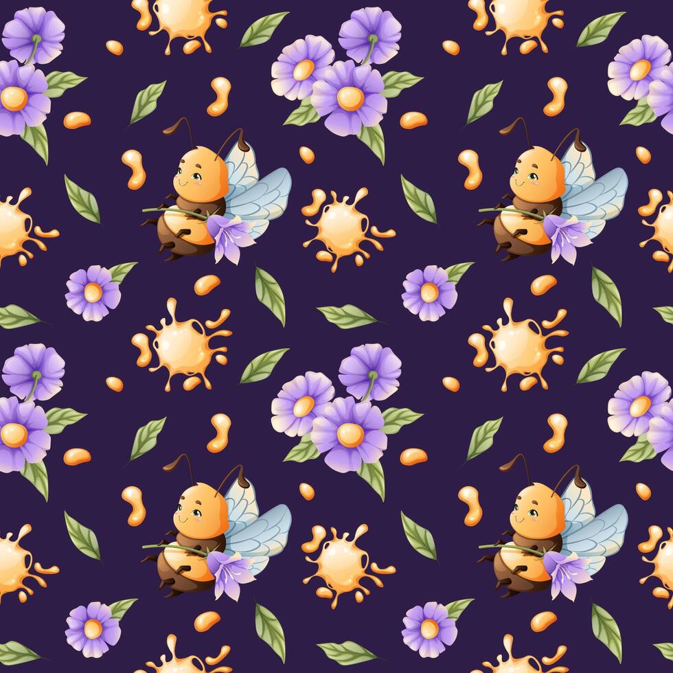 sin costura modelo con miel abejas con flores y Miel. para niños tela diseño. verano ilustración. dulce abeja floral impresión. vector