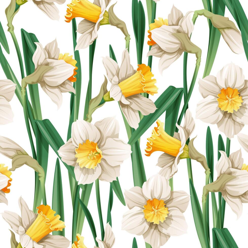 Seamless pattern with narcissus flowers. Spring fabric design. Floral print for Easter with daffodils. Suitable for fabric wallpaper, textiles, scrapbooking. vector